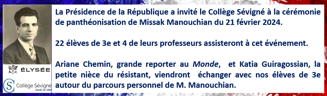 Panthéonisation de Missak Manouchian : Le Collège Sévigné invité par la Présidence de la République